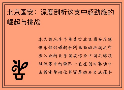 北京国安：深度剖析这支中超劲旅的崛起与挑战